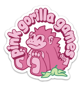 A sticker of our standard Pink Gorilla games logo, with the pink gorilla circled by the text "Pink Gorilla Games"