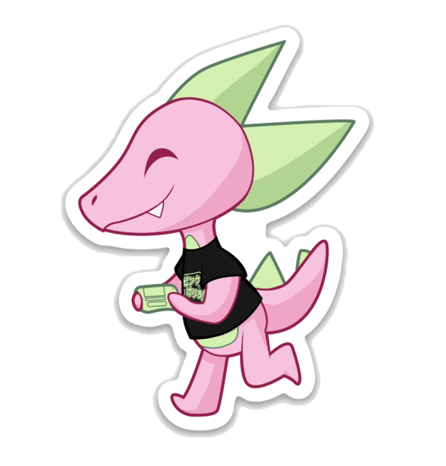 A stylized version of our former pink dinosaur mascot, standing upright and wearing a Pink Gorilla Games green and black japanese text shirt.