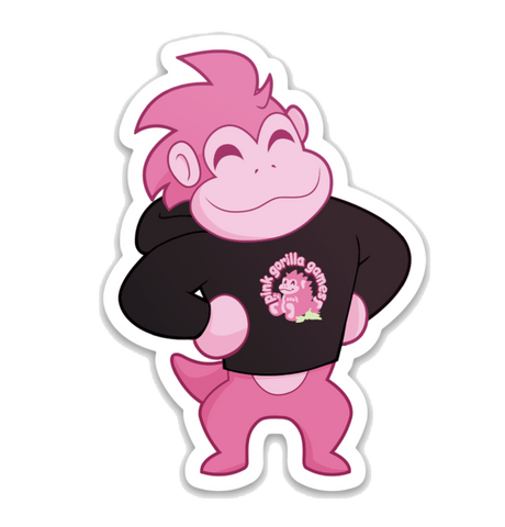 A stylized version of our Pink Gorilla mascot, standing upright and wearing a black Pink Gorilla hoodie.