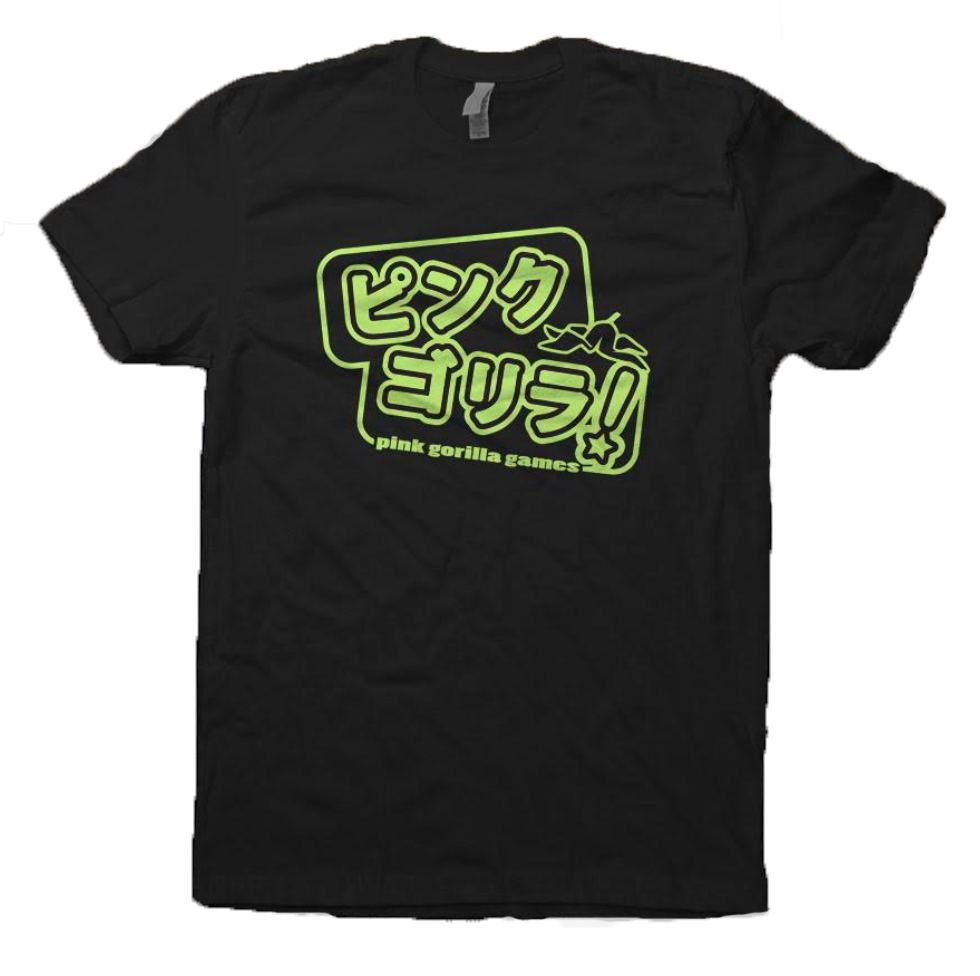 An image of our Katakana Logo T-Shirt in green. The shirt is black with lime green Japanese text that spells "Pink Gorilla". Underneath it says Pink Gorilla Games in english.