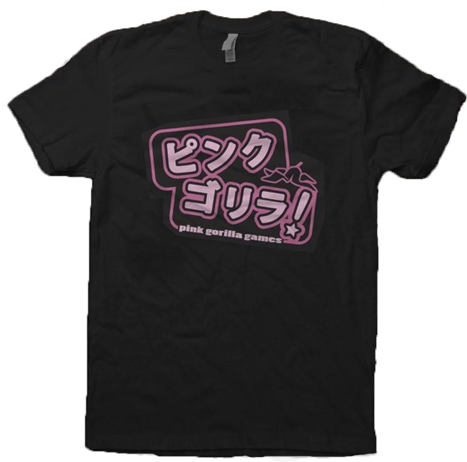 An image of our Katakana Logo T-Shirt in green. The shirt is black with pink Japanese text that spells "Pink Gorilla". Underneath it says Pink Gorilla Games in english.