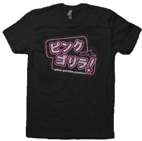 An image of our Katakana Logo T-Shirt in green. The shirt is black with pink Japanese text that spells "Pink Gorilla". Underneath it says Pink Gorilla Games in english.