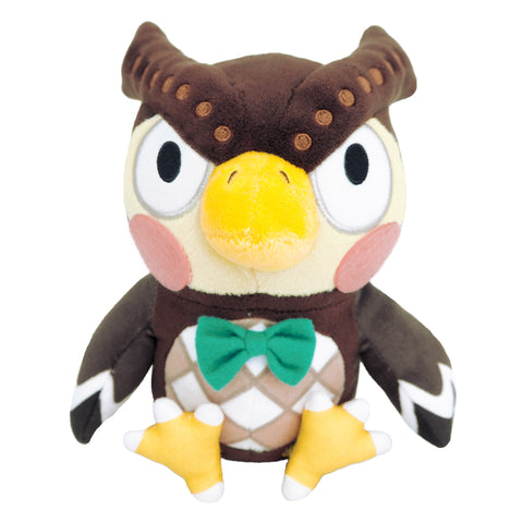 A fluffy plushie of Blathers the Owl from animal crossing. He is a brown and tan owl with pink cheeks and a green bow-tie.