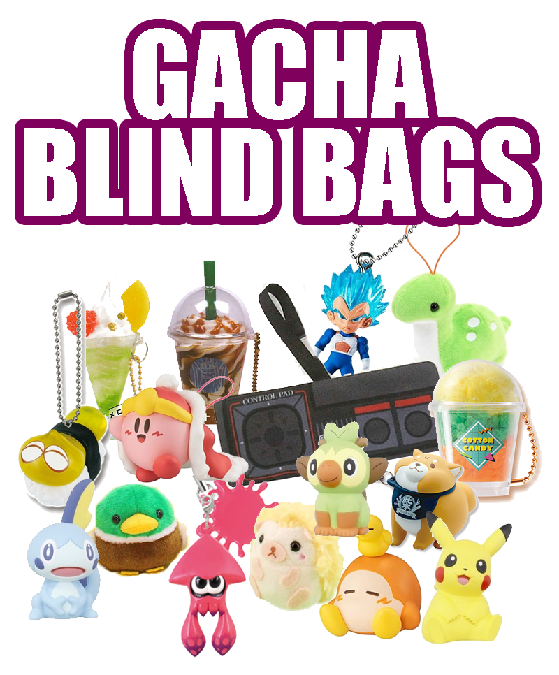 An image composite of many types of gachapon you might receive in a mystery bag. The image includes Pokemon toys, Kirby toys, a plush dinosaur, mini replica coffees and cotton candy, and more. These items are just examples of what you might receive.