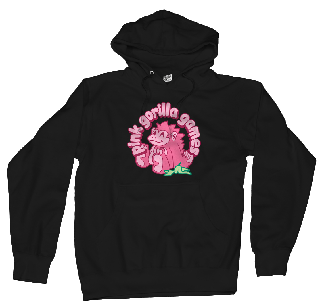 An image of a black hoodie with our Pink Gorilla Games logo