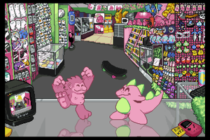 This poster is a retro-style pixel image of the inside of one of our stores. The Pink Gorilla mascot and our former pink dinosaur mascot are sitting on top of the counter. You can see many video games and keychains in the background, all rendered in pixels.