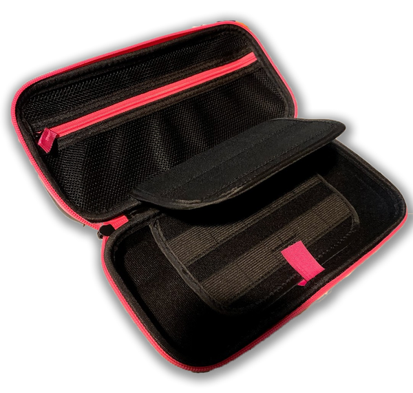 An inside view of the case. It is black with pink zipper accents. It has an internal zipper pouch and elastic straps to hold Nintendo switch cartrdiges.