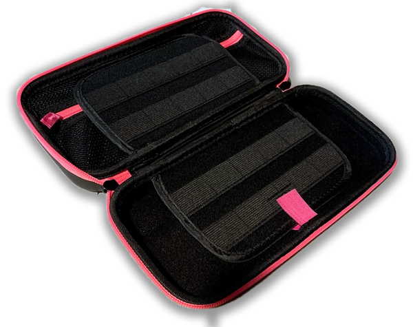 A fully flattened inside view of the case. It is black with pink zipper accents. It has an internal zipper pouch and elastic straps to hold Nintendo switch cartrdiges.